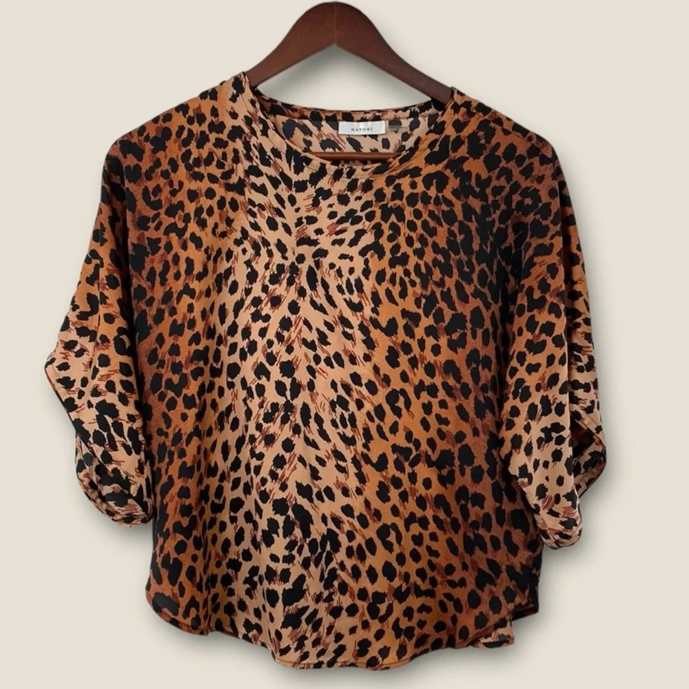 Natori Wild Cheetah PJ Top Womens Sz XS Brown Black Oversized Animal Print Loose